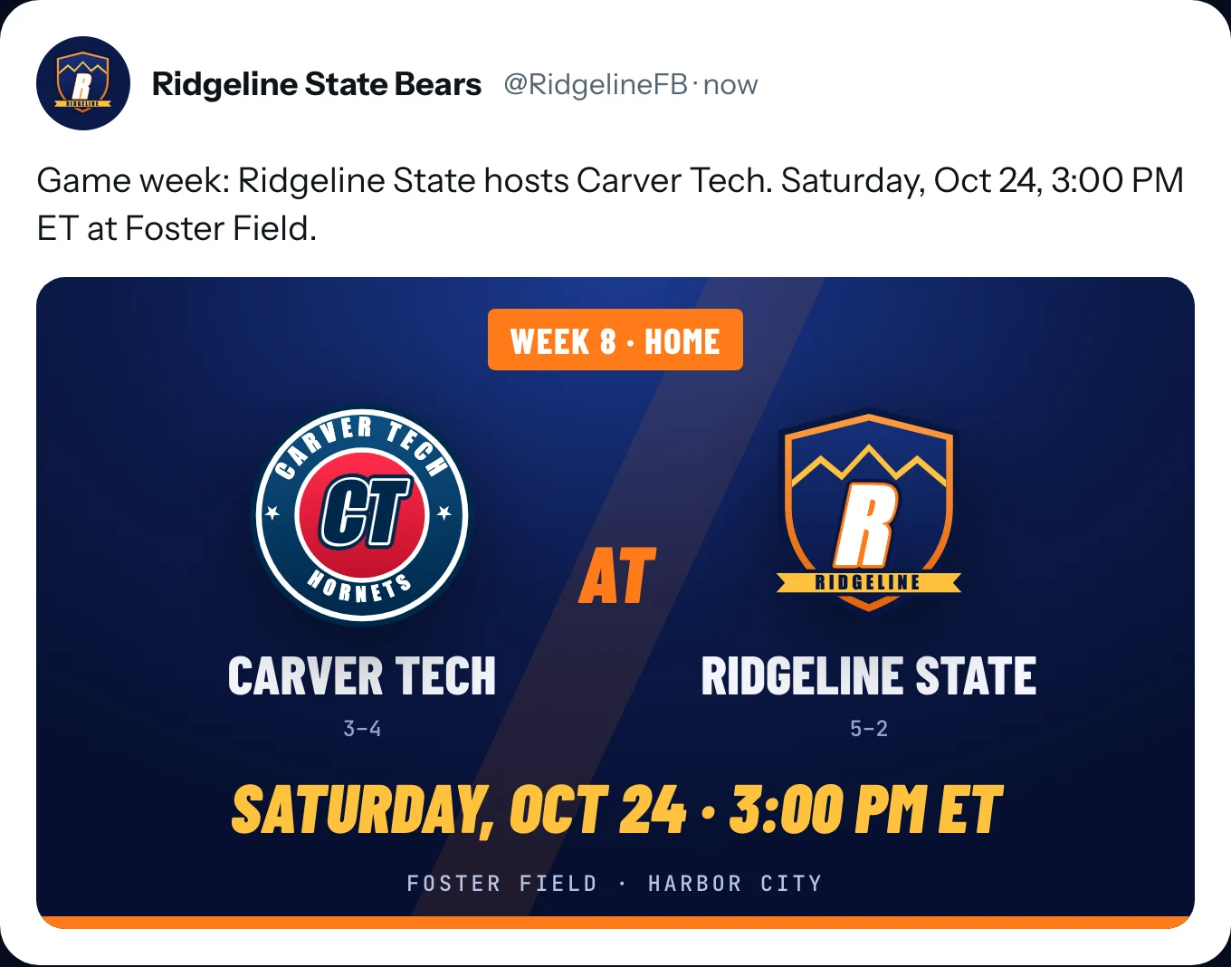 Sample game-week post on X: Carver Tech at Ridgeline State, Saturday 3:00 PM